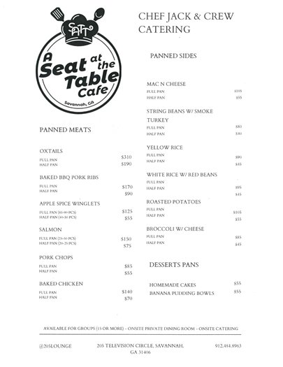 Catering Menu for A Seat At the Table Cafe