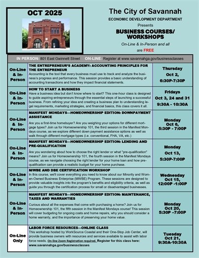 October Business Education Class Schedule First Page