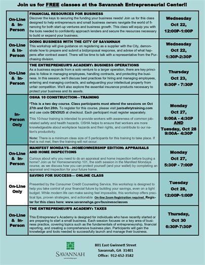 October Business Education Class Schedule Second Page
