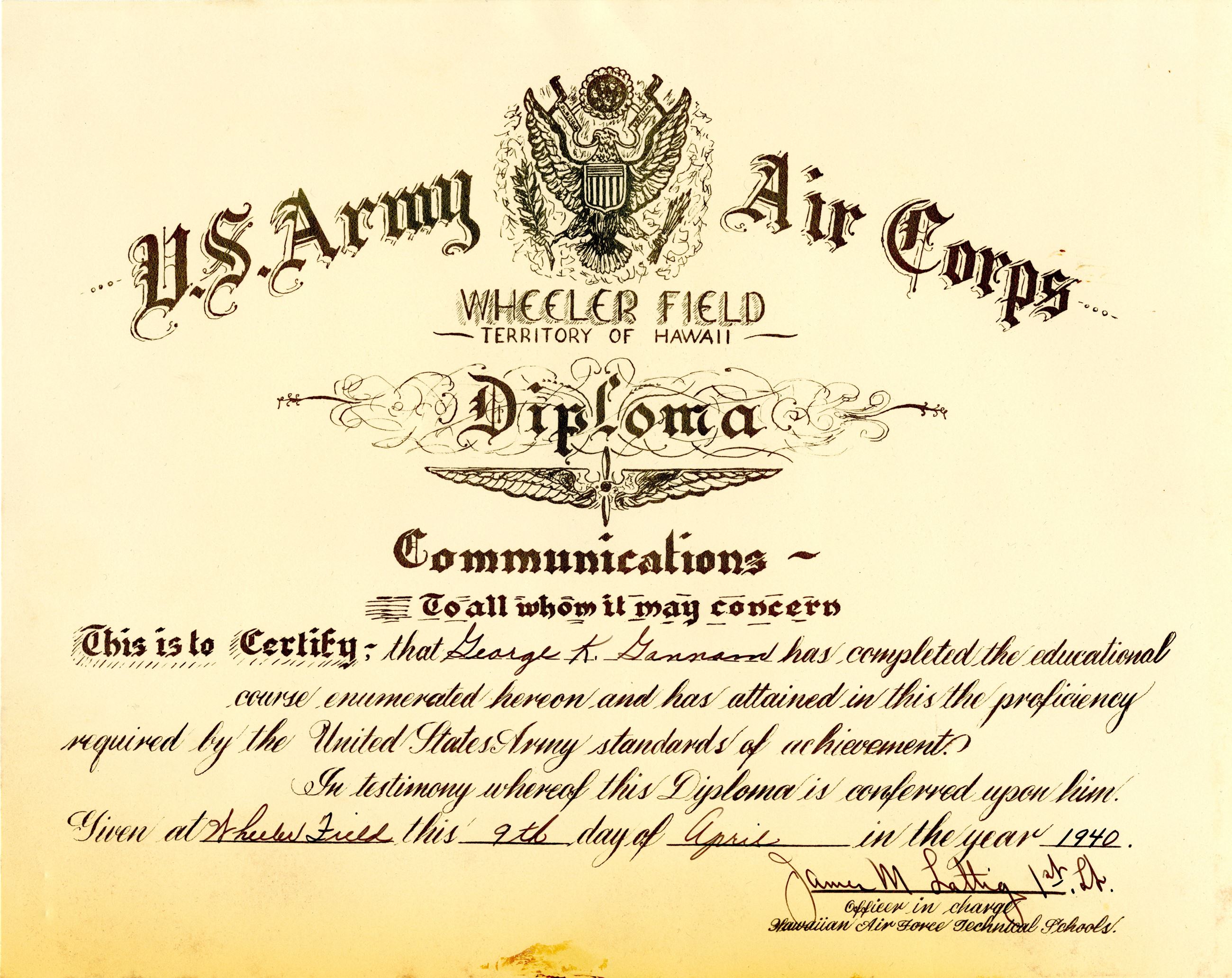 Georges Communications Diploma from Wheeler Field