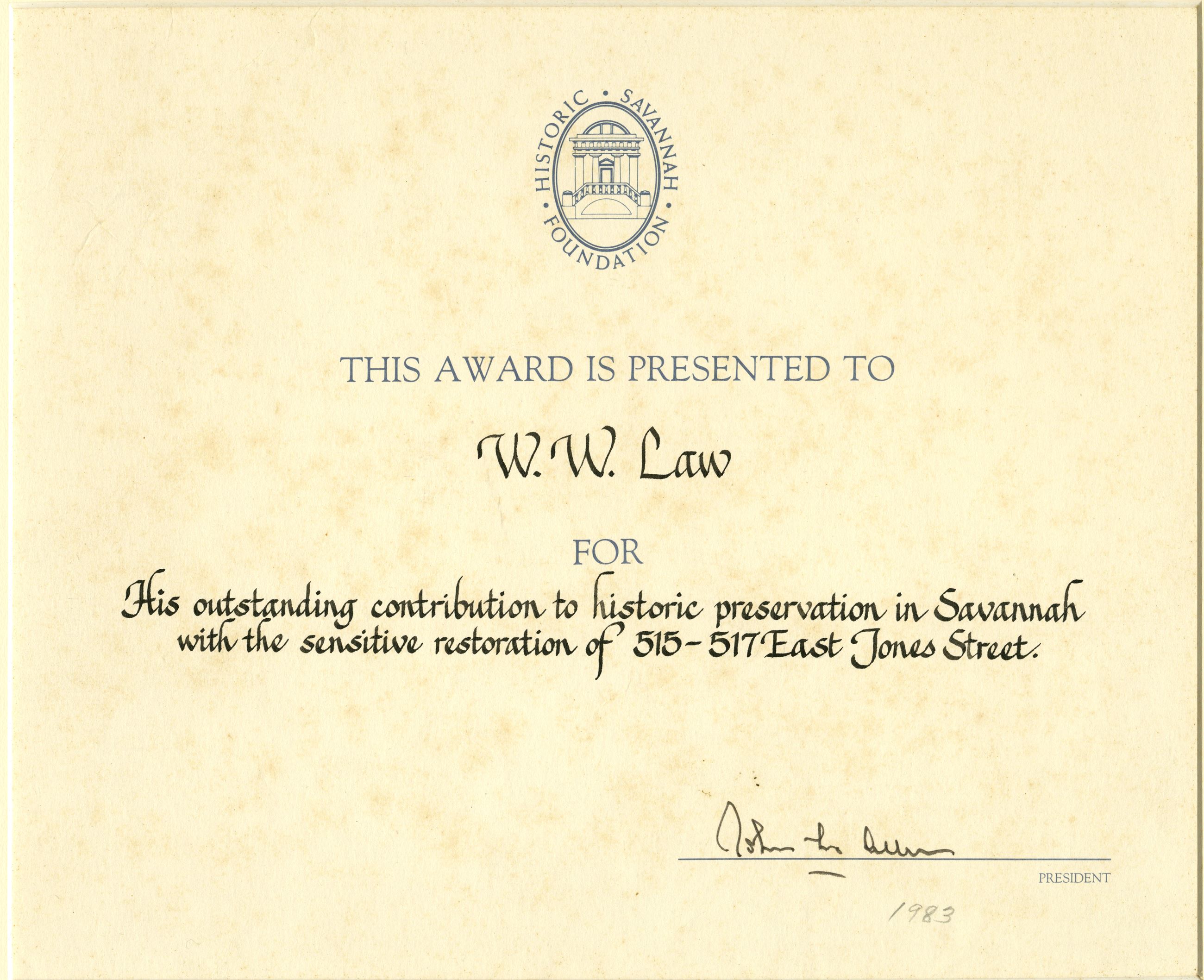 Jones Street Historic Preservation Award