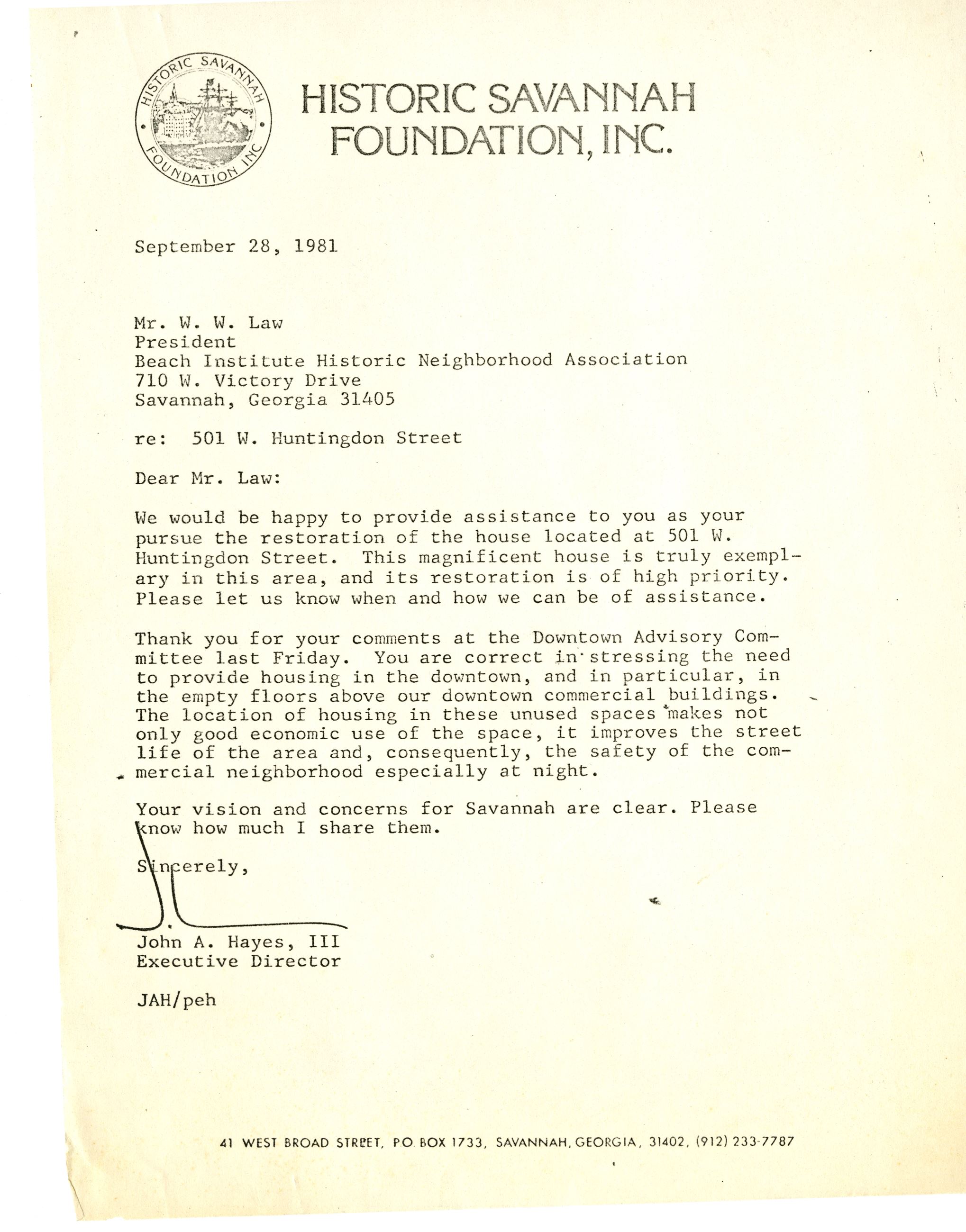 Historic Savannah Foundation Letter - need for downtown 2nd-floor housing