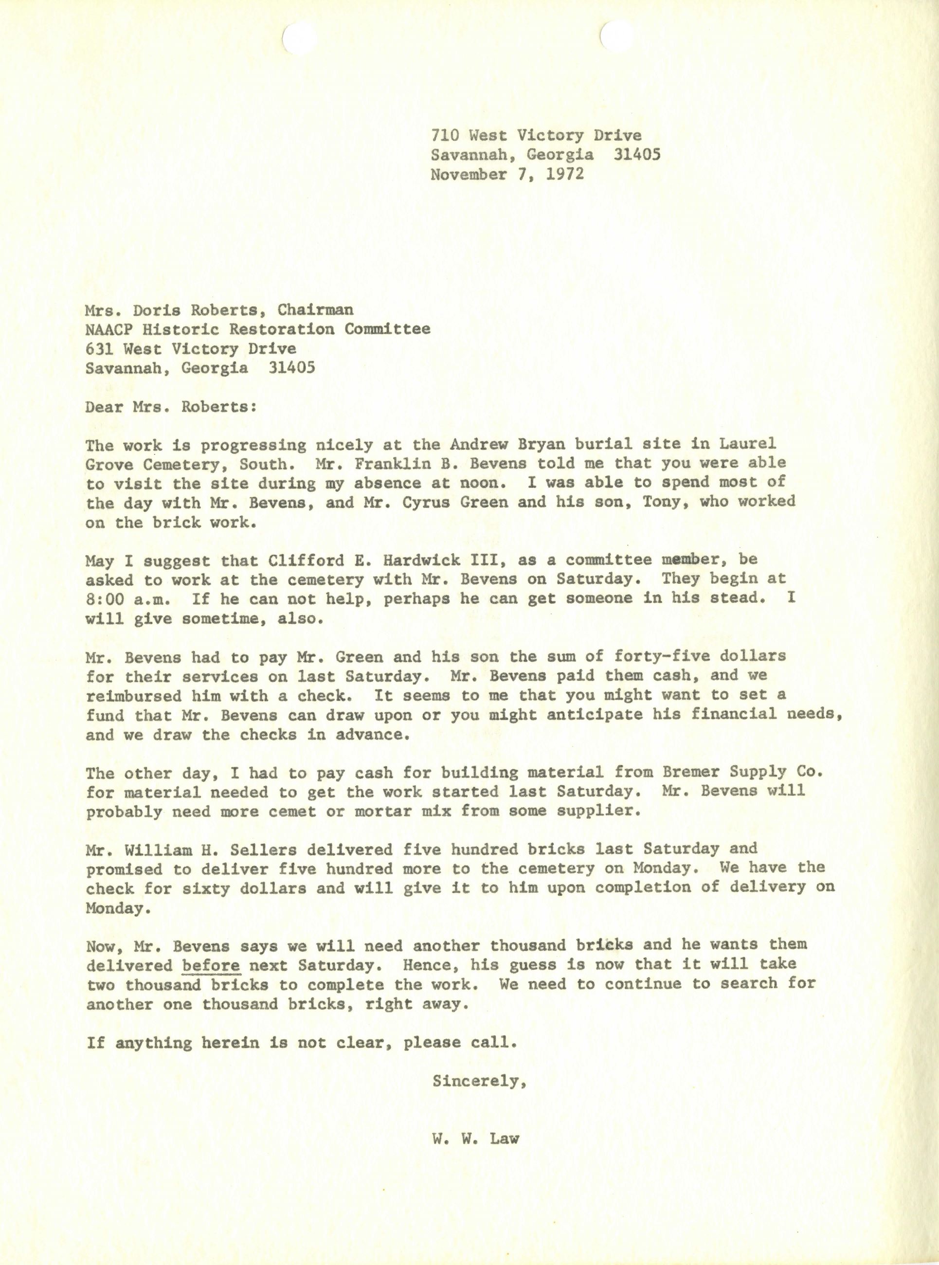 Letter to Mrs. Doris Roberts, Chairman of the NAACP Historic Restoration Committee