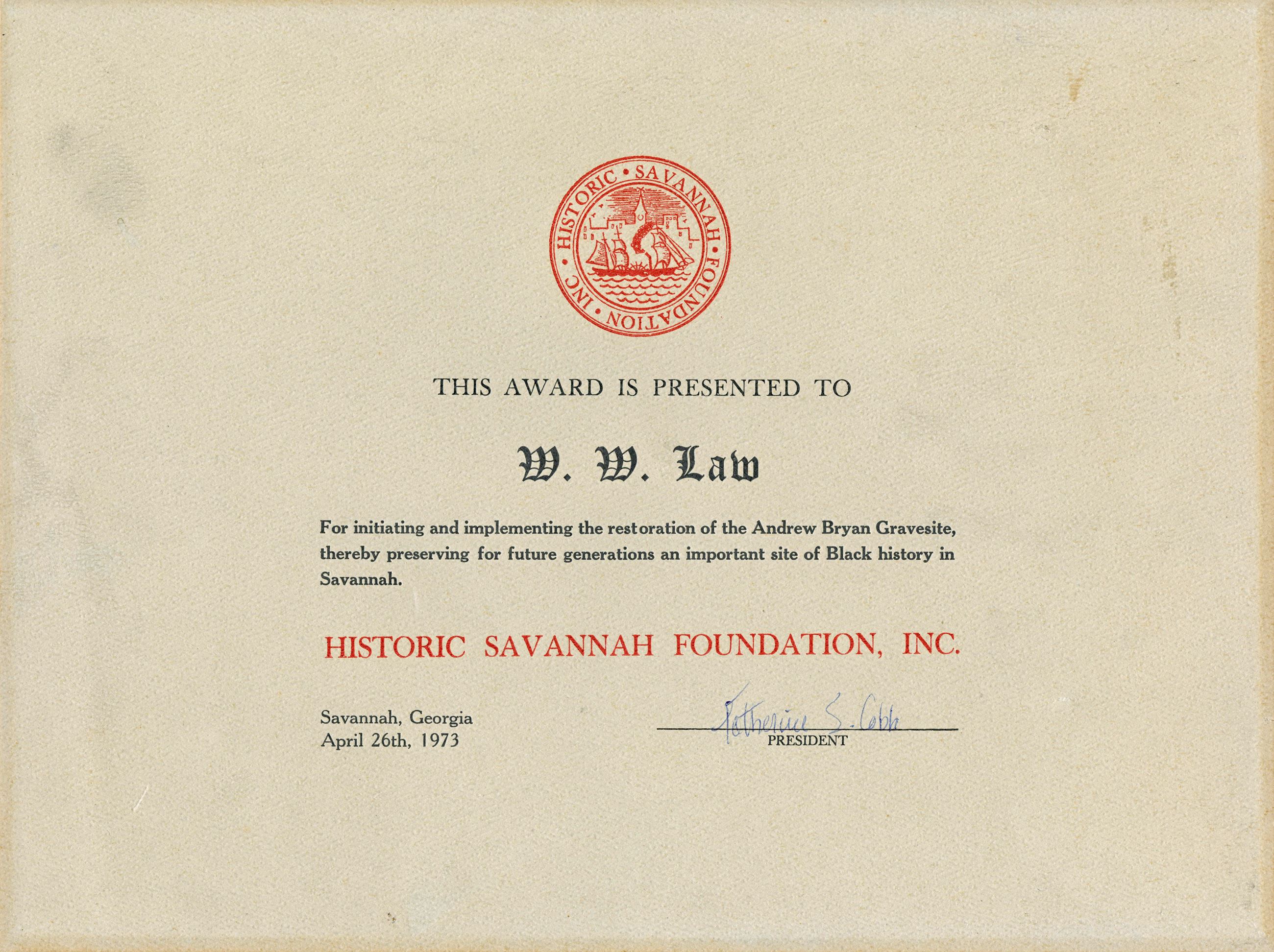 Award for restoring the Andrew Bryan Grave site