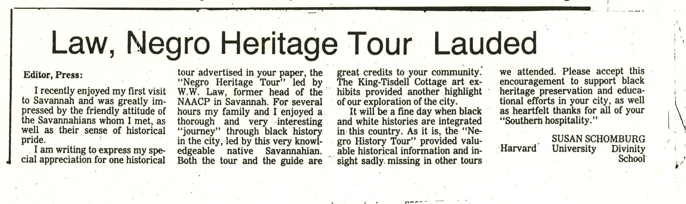 Law, Negro Heritage Tour Lauded