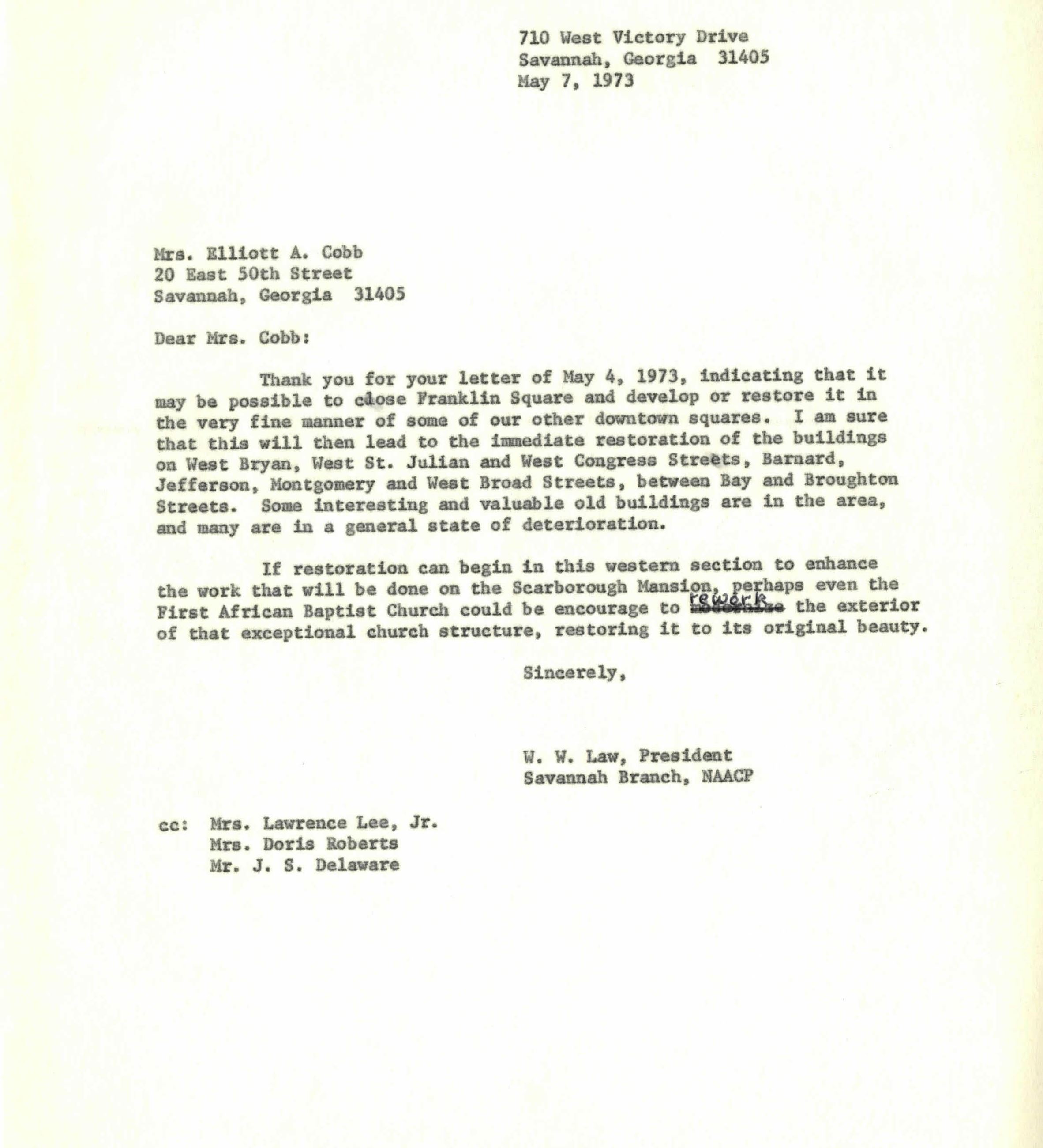 Letter to Mrs. Elliot Cobb about restoring Franklin Square