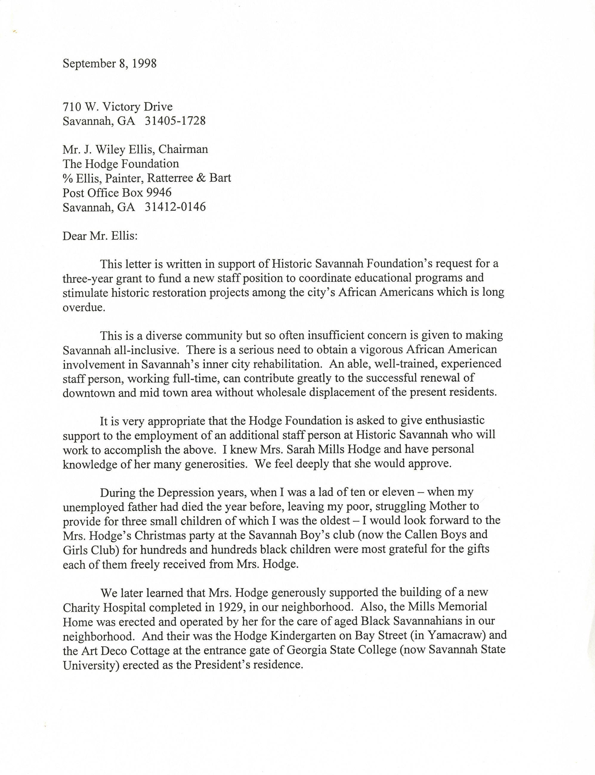 Letter to Mr. J. Wiley Ellis About Funding a Preservation Position for the Midtown Neighborhoods