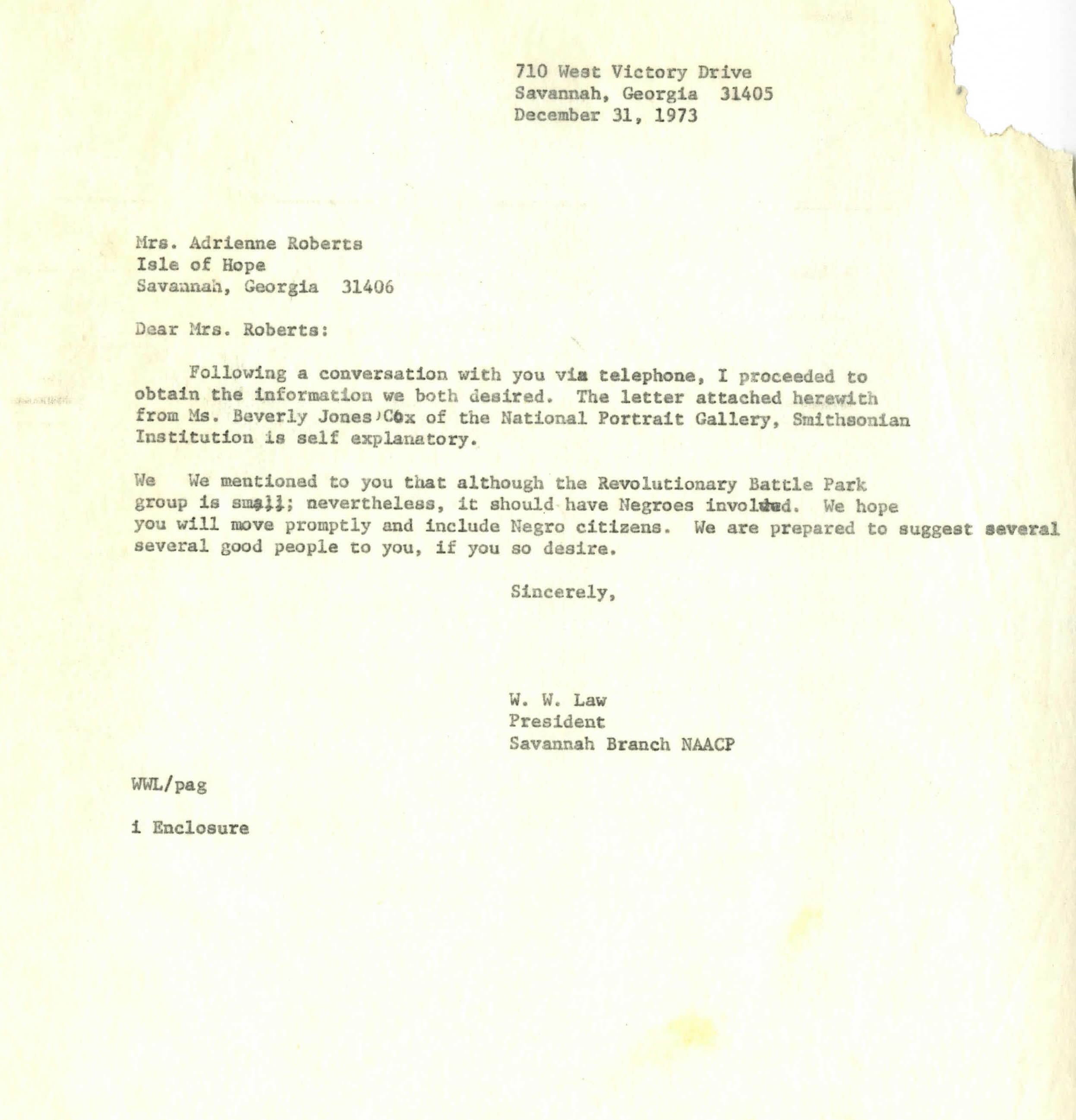 Letter to Mrs. Adrienne Roberts about African American involvement in Revolutionary Battle Park