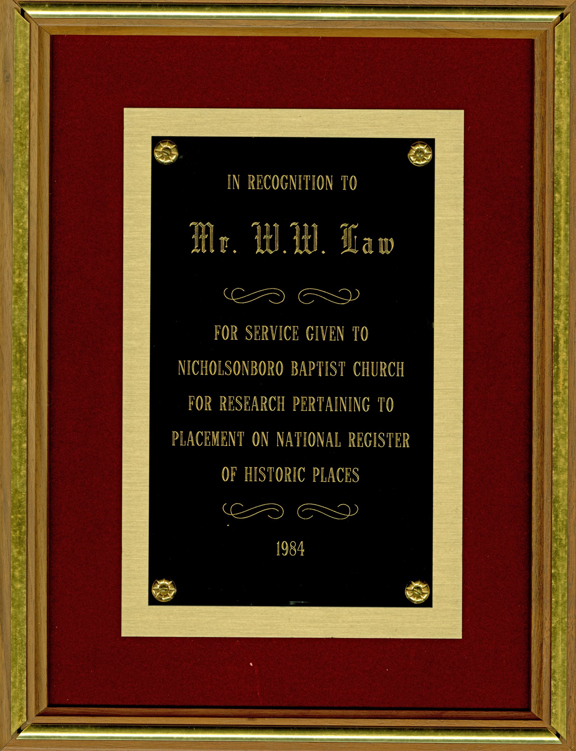 Recognition for Service to Nicholsonboro Baptist Church