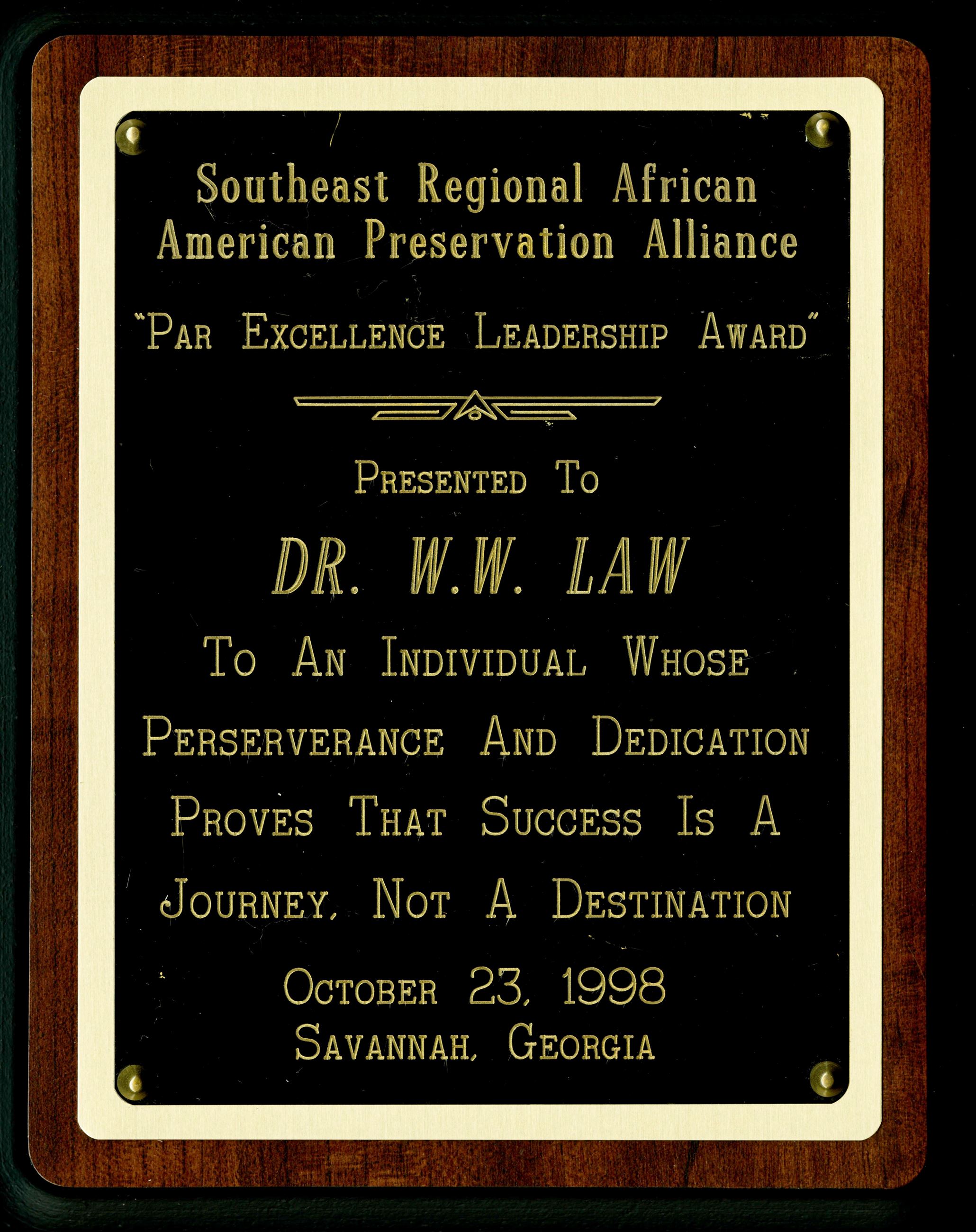 Southeast Regional African American Preservation Alliance Par Excellence Leadership Award