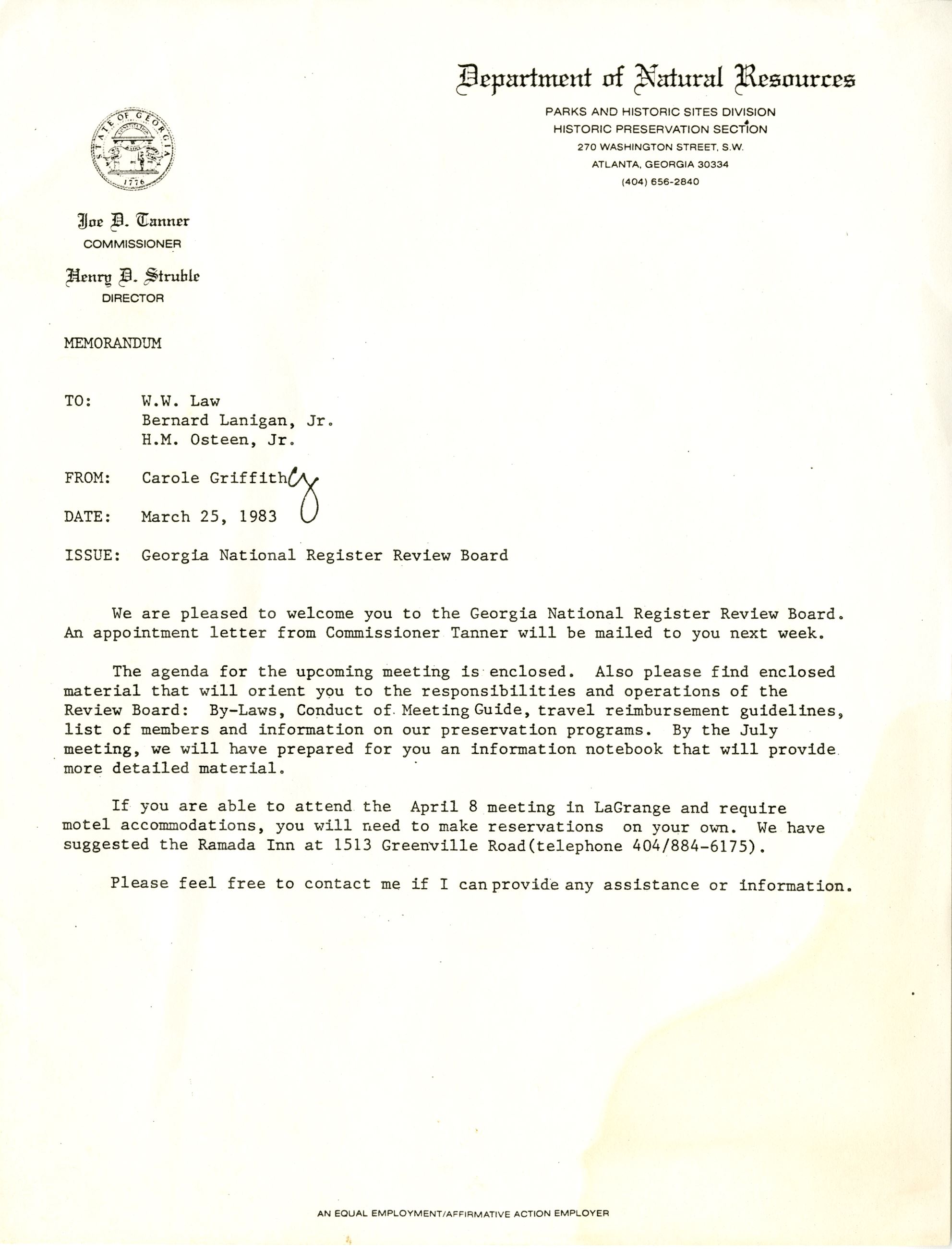 Appointment letter to the Georgia National Review Board