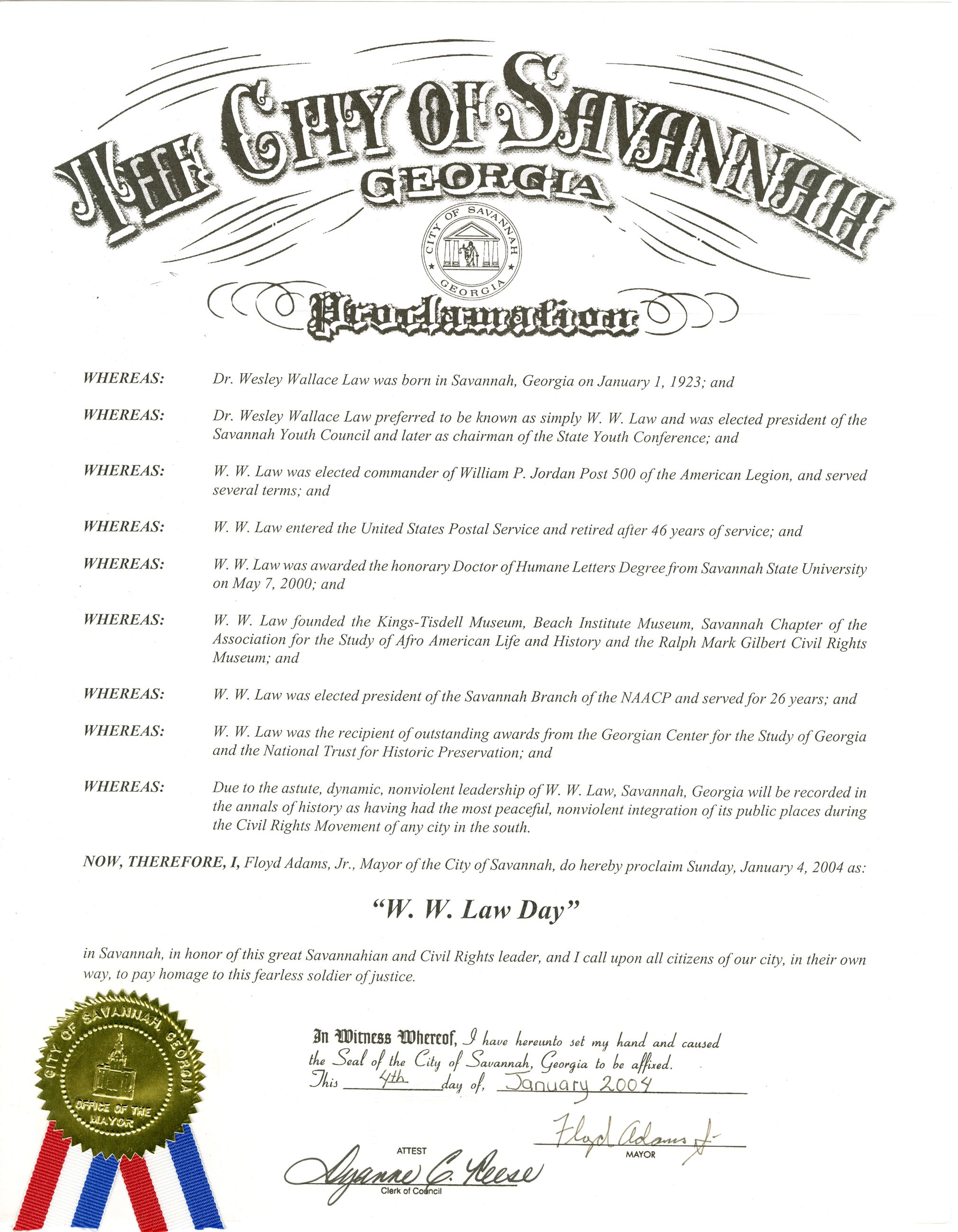 City of Savannah Proclamation declaring January 4, 2004 Westley W. Law Day