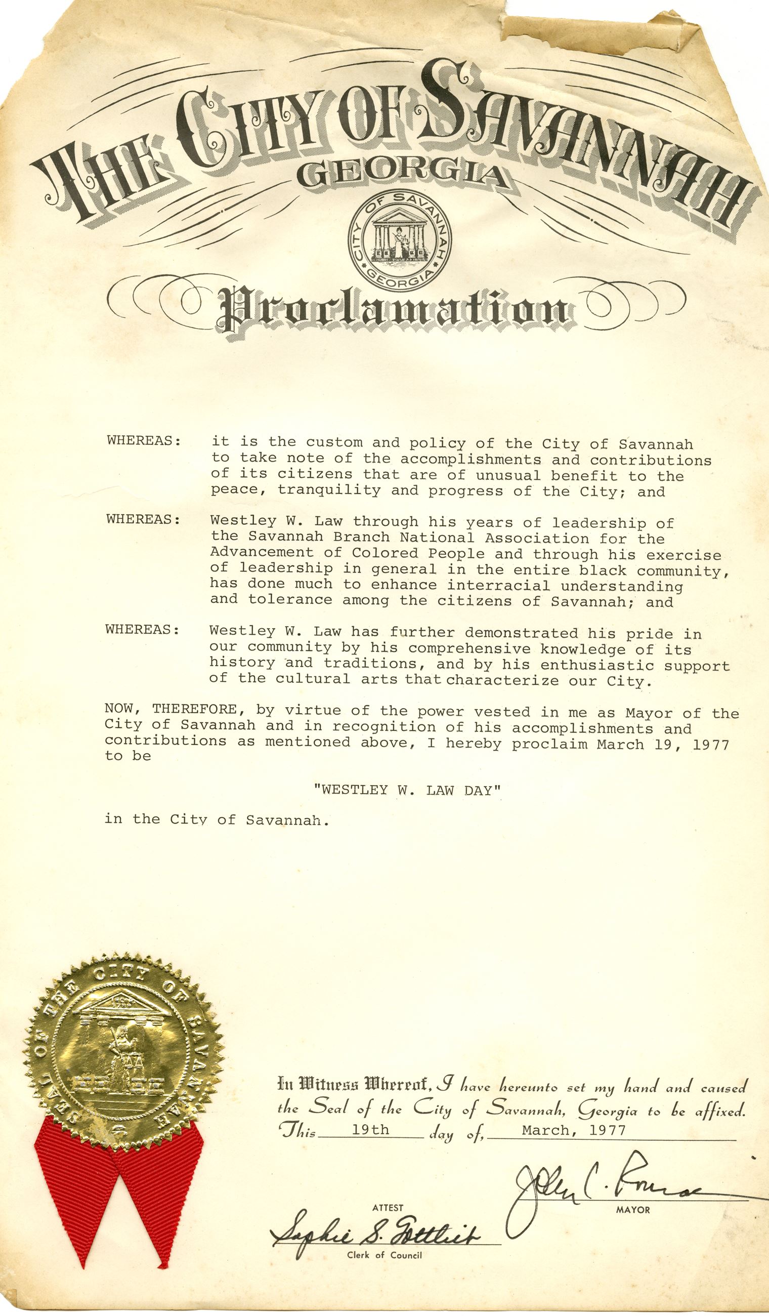 City of Savannah Proclamation declaring March 19, 1977  Westley W. Law Day
