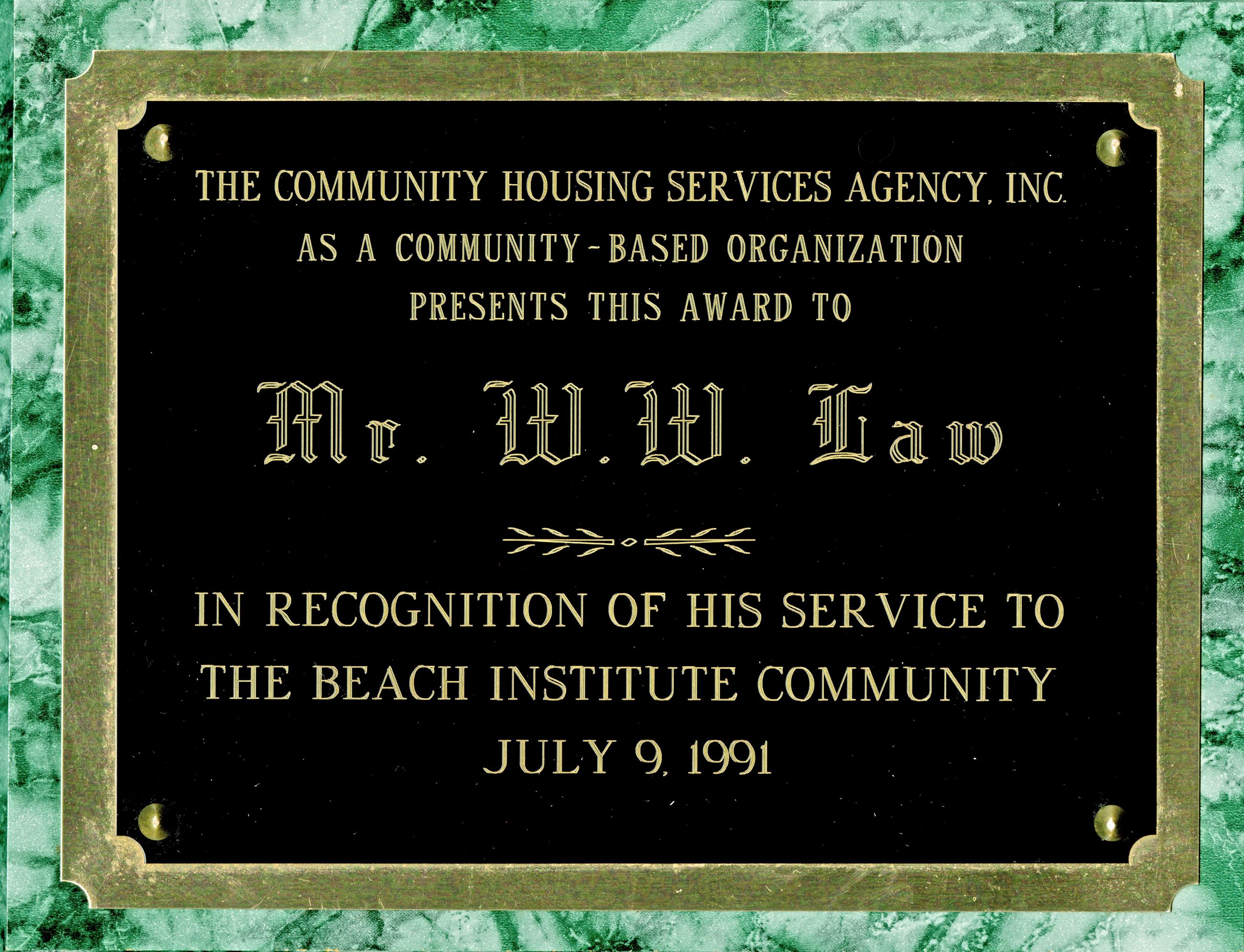 Community Housing Services Agency recognition for service to The Beach Institute Community