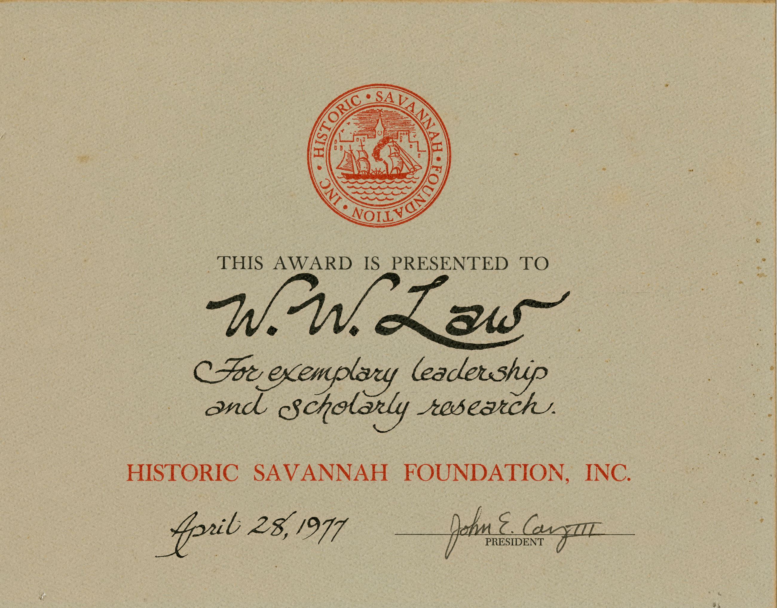Historic Savannah Foundation Recognition for Leadership and Scholarly Research