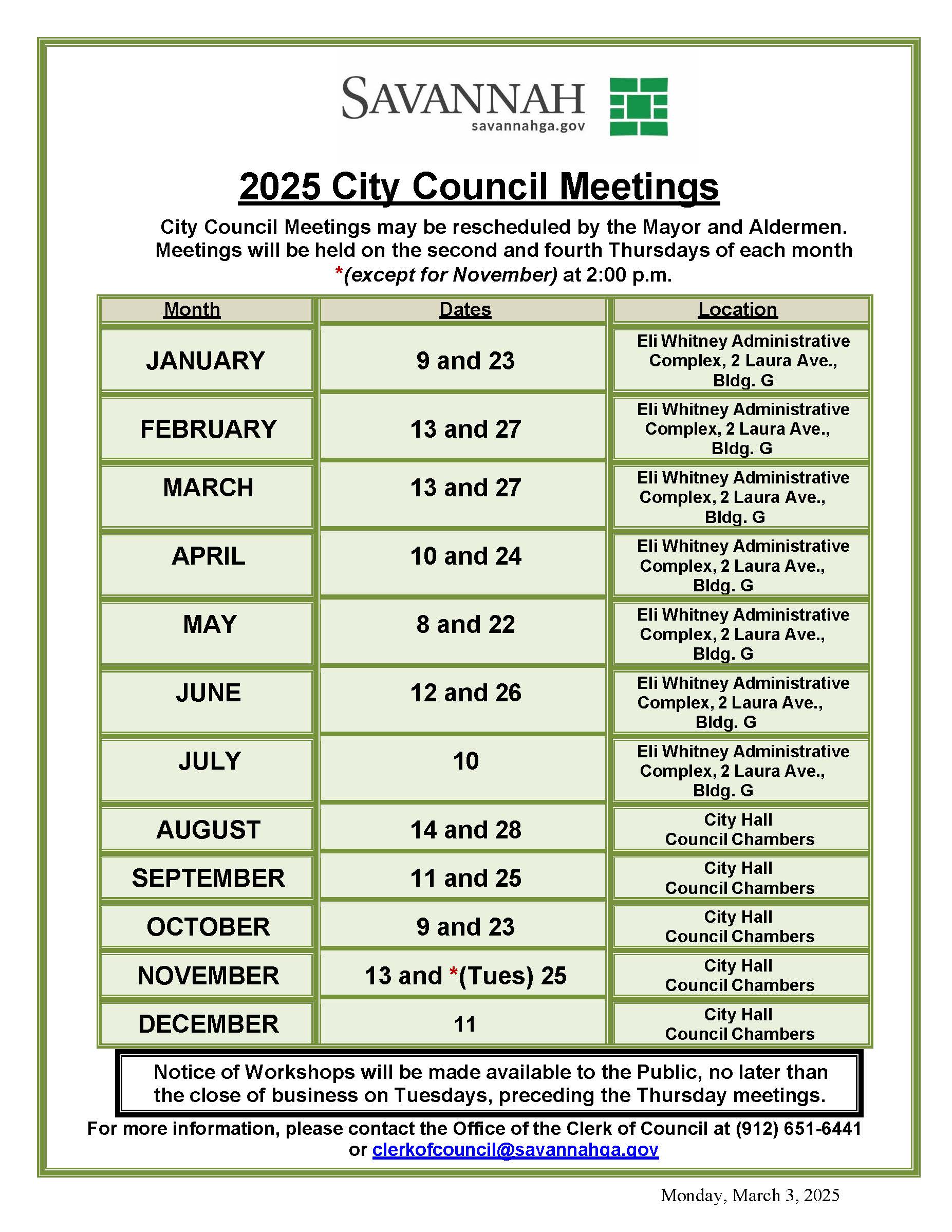 COUNCIL MEETING SCHEDULE